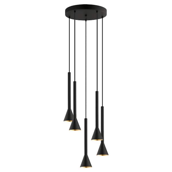 Eglo Cortaderas 15.16 in. W x 14 in. H 5-Light Matte Black Circular Staircase Pendant Light with Black/Gold Shades