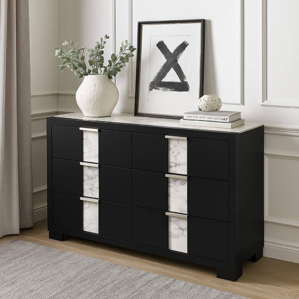 Benjara Amey Black and White 6 drawer 57.32 in. Dresser without