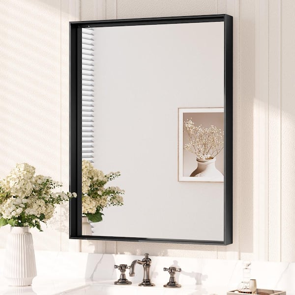 KeonJinn 24 in. W x 32 in. H Rectangular Aluminum Square Corner Framed Wall Mount Bathroom Vanity Mirror in Matte Black