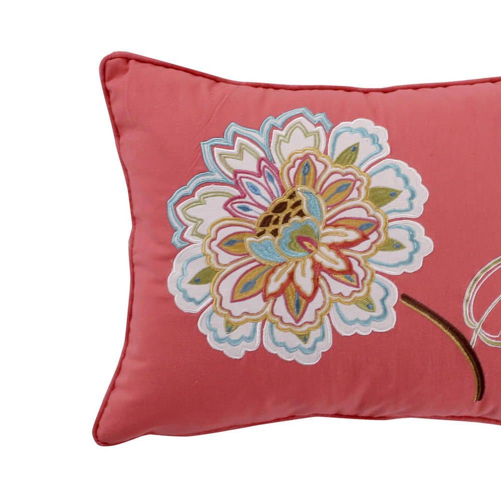 Coral Embroidered Floral Lumbar Pillow with Feather Fill