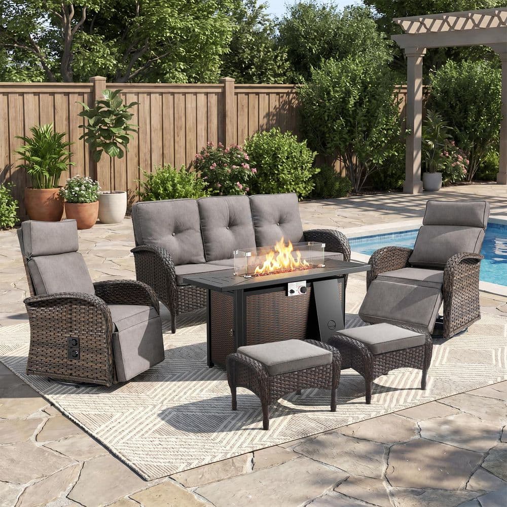 Carlos Brown 6-Piece Wicker Patio Fire Pit Conversation Sofa Set Outdoor 360° Swivel Recliner Chair with Gray Cushions price history on PriceWatchPro