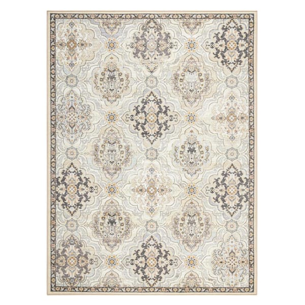 TOWN & COUNTRY LIVING Everyday Avani Cottagecore Medallion Beige 6 ft. x 9 ft. Machine Washable Rug