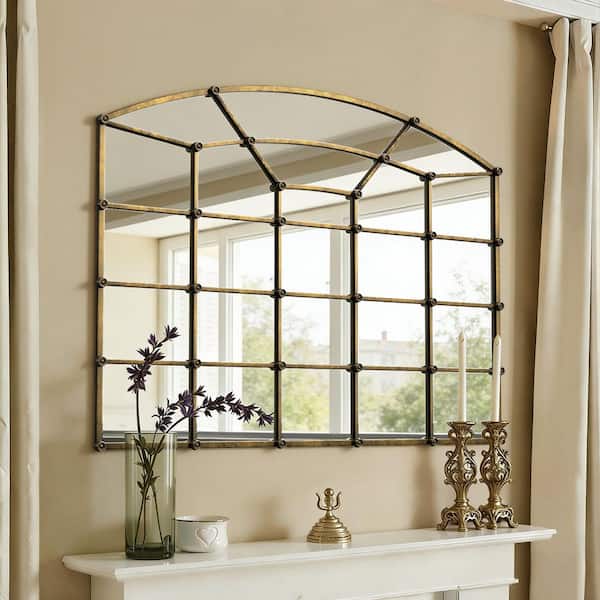 Antique Brass 47 in. W x 34 in. H Decorative Window Pane Arched Metal Framed Wall Mirror