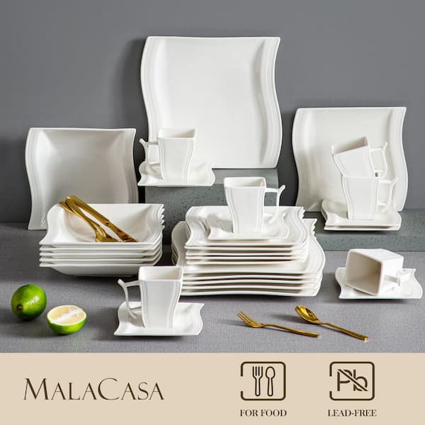 Reviews for MALACASA Flora 30-Piece White Porcelain Dinnerware Set Square  Dinner Plates Cup and Saucer Set (Service for 6)