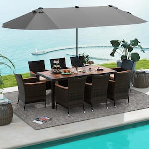 11-Piece Wicker Outdoor Dining Set with Gray 15 ft. Double-Sided Patio Umbrella and Base, Beige Cushion