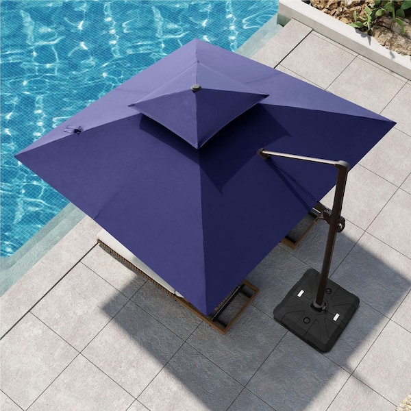 Pellebant 11 ft. Square Aluminum Outdoor Cantilever Umbrella Offset 360° Rotation Patio Umbrella in Navy Blue with Base