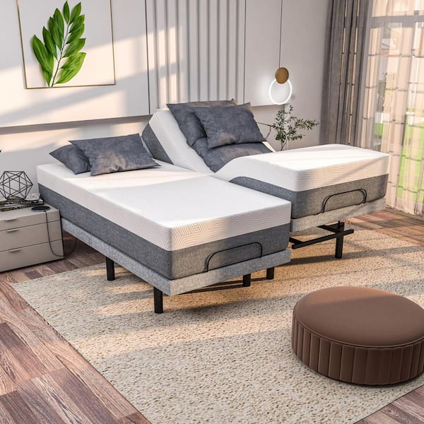 Gray Split-King Adjustable Bed Frame + 10 in. Hybrid Memory Foam Mattress-USB, Under Bed Light, Wireless Remote, Massage