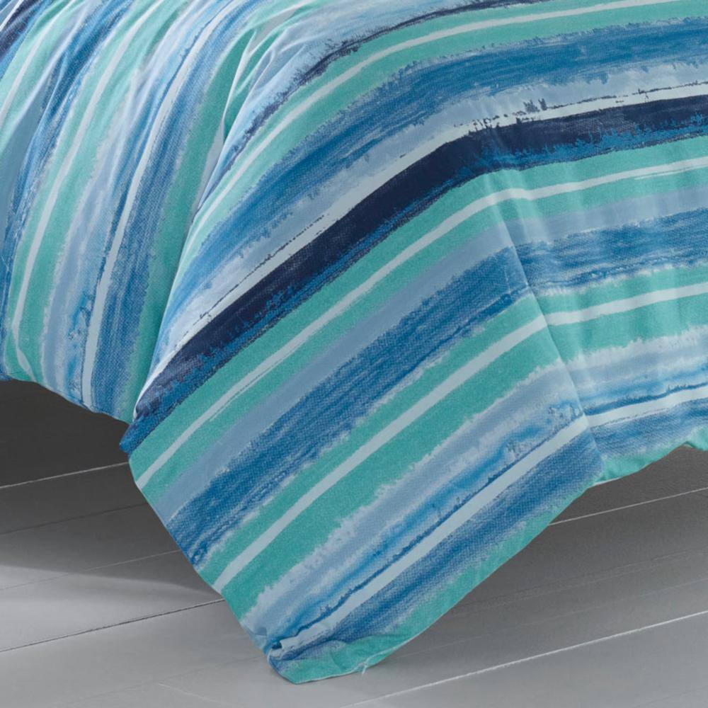 Aqua Blue Striped Cotton Twin Duvet Cover Set