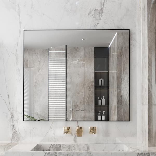 Klajowp 42 in. W x 36 in. H Rectangle Aluminum Alloy Framed Wall Mounted Bathroom Vanity Accent Mirror in Black