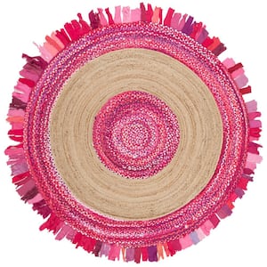 Cape Cod Pink/Natural 5 ft. x 5 ft. Round Striped Area Rug