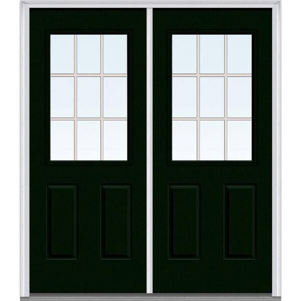 MMI Door 64 in. x 80 in. Tan Internal Grilles Right-Hand Inswing 1/2-Lite Clear Glass 2-Panel Painted Steel Prehung Front Door