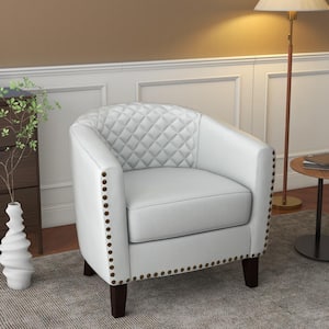 Modern White Solid Wood Legs PU leather Upholstered Accent Barrel Chair With Nailhead Trim