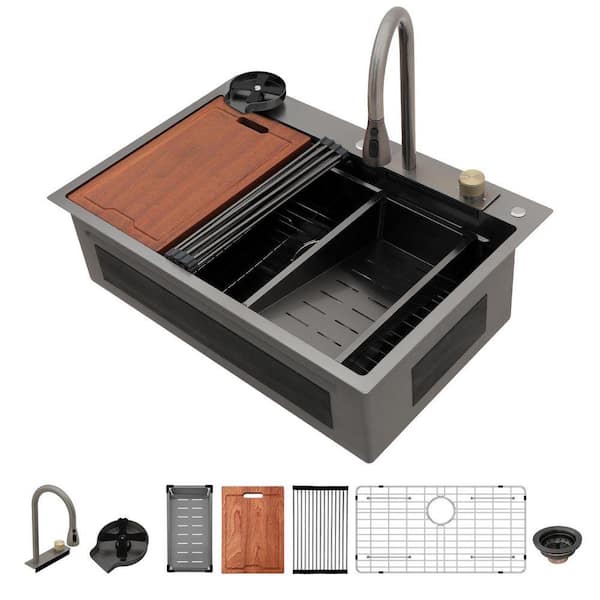 33 in. Gunmetal Black Drop-In Single Bowl 16-Gauge Stainless Steel Workstation Kitchen Sink with Faucet and Cup Washer