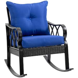 Wicker Aluminum Outdoor Rocking Chair with Blue Padded Cushions, with Armrest Metal Plastic Fabric