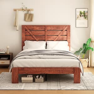 Vintage Brown Wood Frame Queen Size Platform Bed with Headboard, Large Under Bed Storage