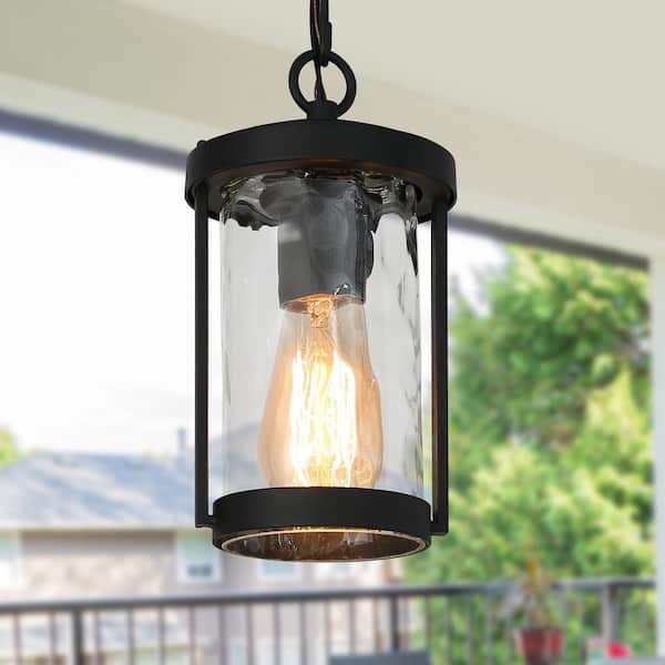 Modern Cylinder Outdoor Porch Pendant Light 1-Light Matte Black Farmhouse Patio Hanging Light with Water Glass Shade