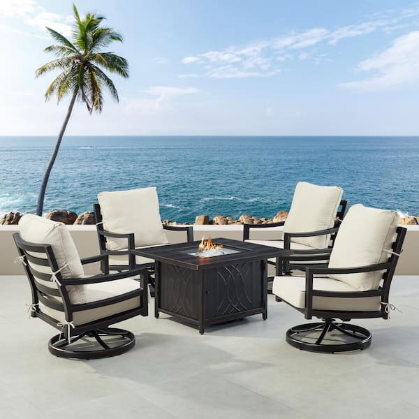 Oakland Living Black 6-Piece Aluminum Patio Fire Pit with 4-Club Chairs Light Grey Cushions