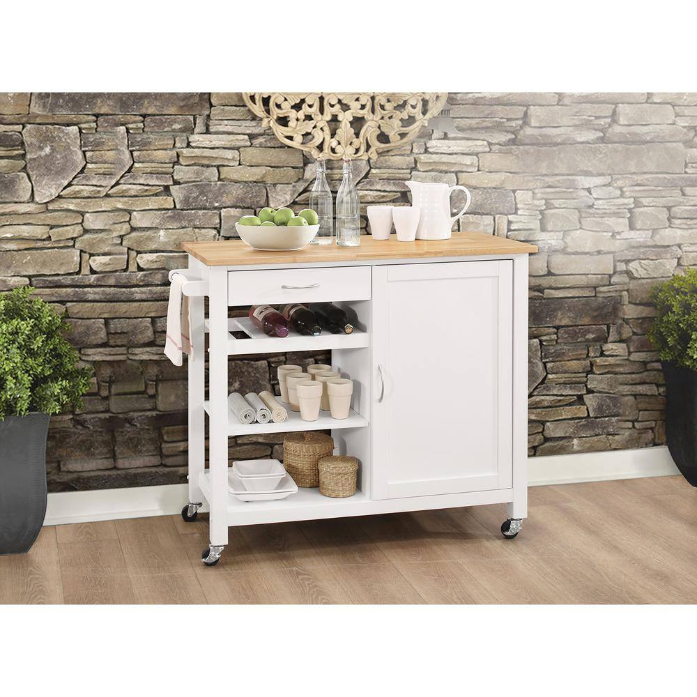 Hooseng Romatlink White Kitchen Cart with Natural Wood Top and 3-Open ...