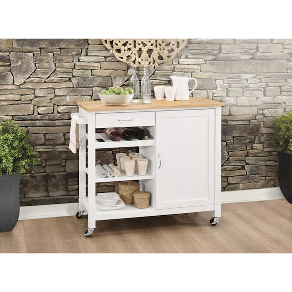 Hooseng Romatlink White Kitchen Cart With Natural Wood Top And 3-open 