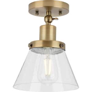 Hinton 1-Light Vintage Brass Seeded Glass Industrial Flush Mount Ceiling Light