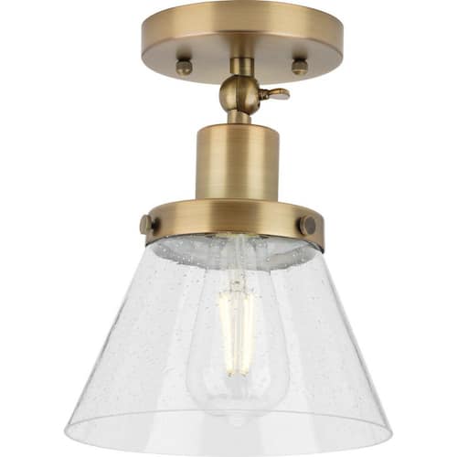 Hinton 1-Light Vintage Brass Seeded Glass Industrial Flush Mount Ceiling Light Flush Mount Ceiling Lights