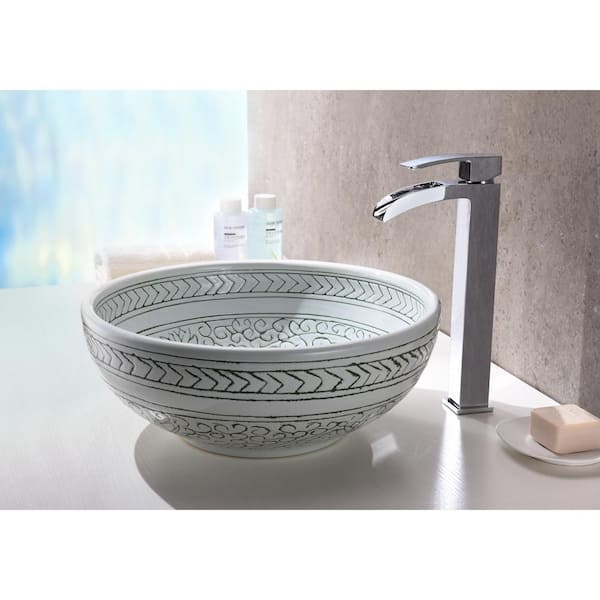Cadence Series 16 in. Round Bathroom Vessel Sink with Stain-Resistant Non-Porous Surface in Decor White Finish Glass