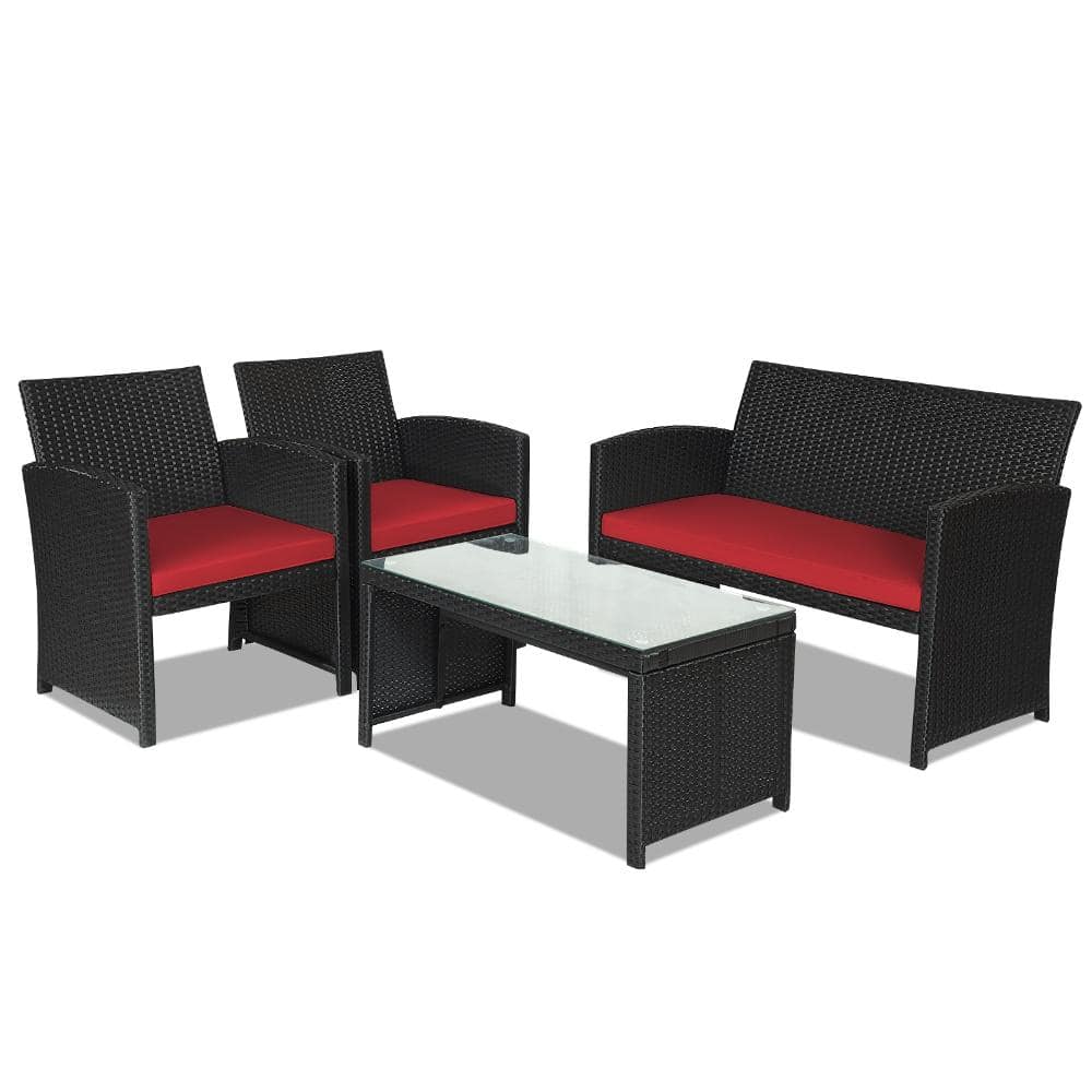 4-Piece Wicker Patio Conversation Set with Red Cushions, Loveseat, 2 Single Sofas and Glass Coffee Table price history on PriceWatchPro