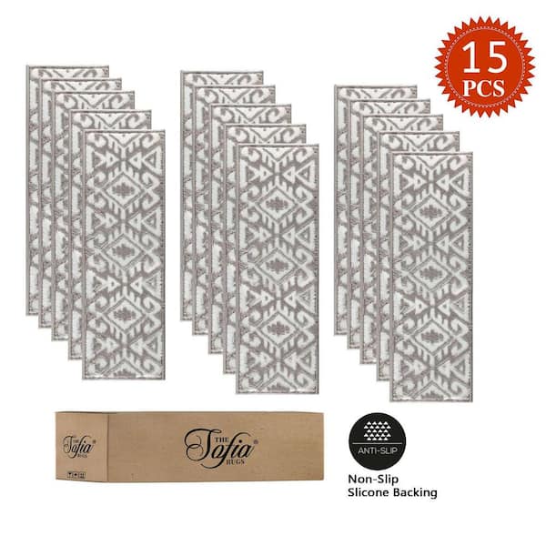 THE SOFIA RUGS Grey/White 9 in. x 28 in. Non-Slip Stair Tread Cover  Polypropylene Latex Backing (Set of 15) Aztec Stair Rugs STAIR-65B-GR-15 -  The Home Depot