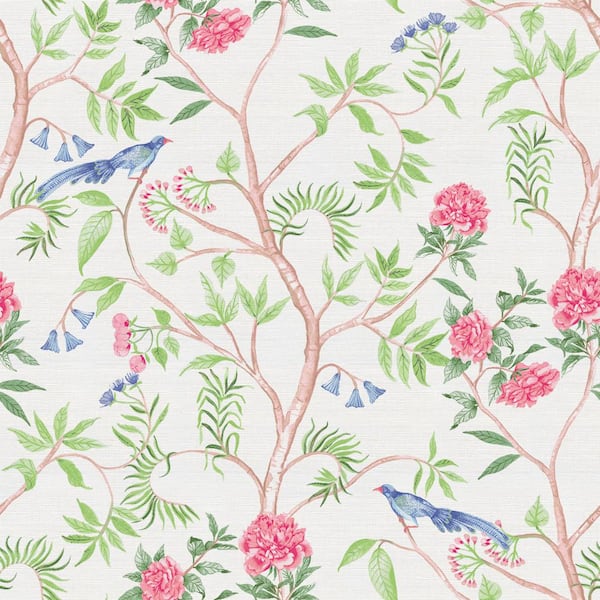 Tempaper Garden Green and Pink Posey Grasscloth Chinoiserie Authentic Unpasted Textured Wallpaper, 72 sq. ft.