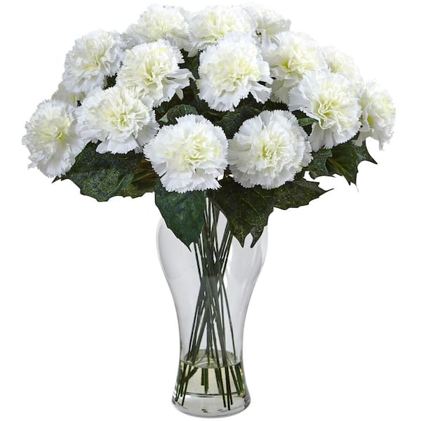 Nearly Natural Artificial Cream Carnation Arrangement with Vase