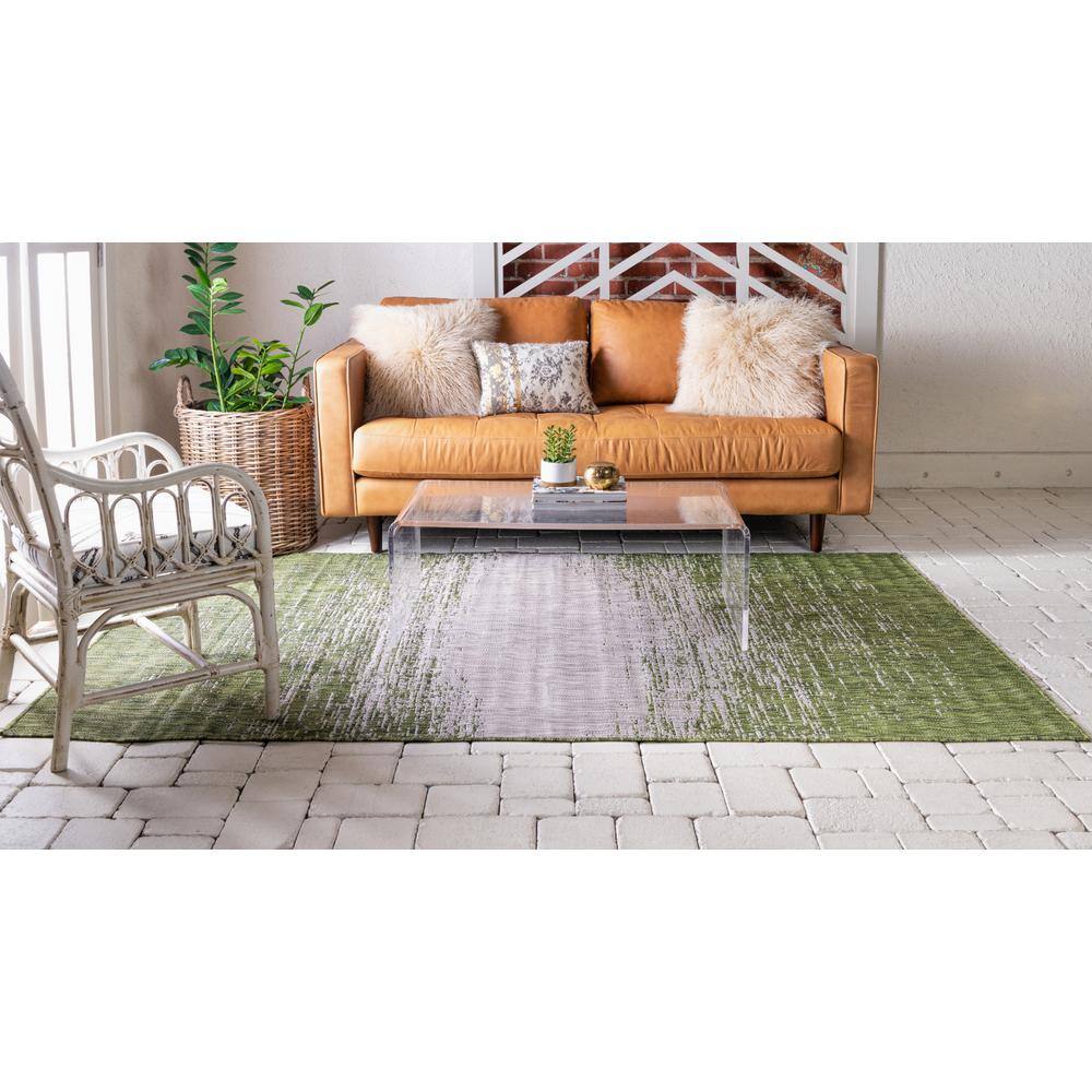 Modern Abstract 9' x 12' Gray and Green Synthetic Outdoor Rug