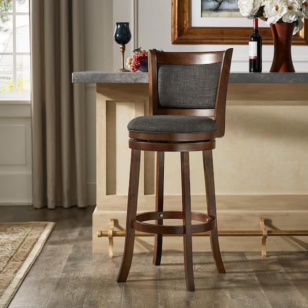 43 in. Dark Gray Low Back Linen Swivel 29 in. High Bar Stool