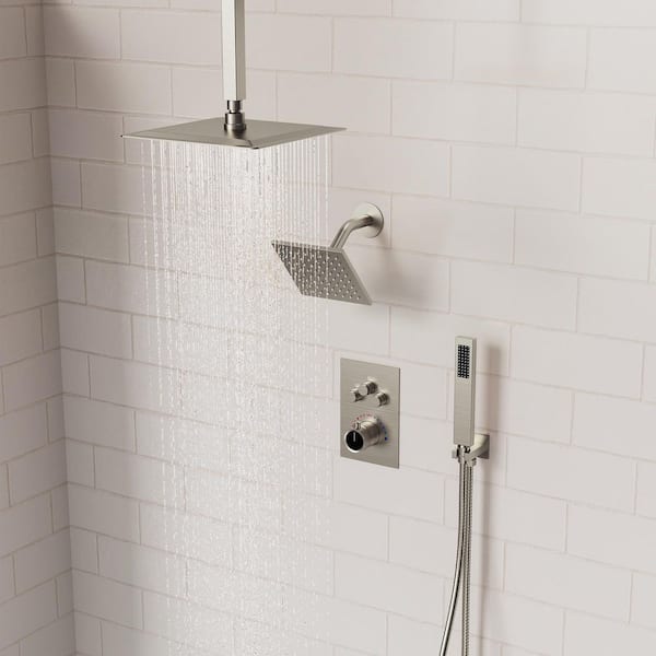 7-Spray Patterns Thermostatic 12 in. and 6 in. Ceiling Mount Fixed and Handheld Shower Head in Brushed Nickel