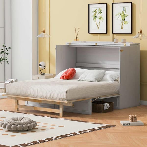 White Wood Frame Full Murphy Bed with Large Drawers