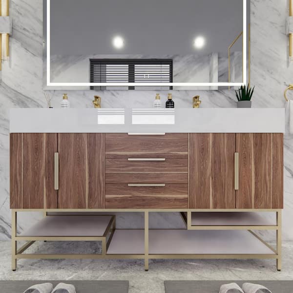 Bethany 59 in. W. x 20 in. D x 36 in. H Double Sink Freestanding Bath Vanity in White Oak with White Acrylic Top