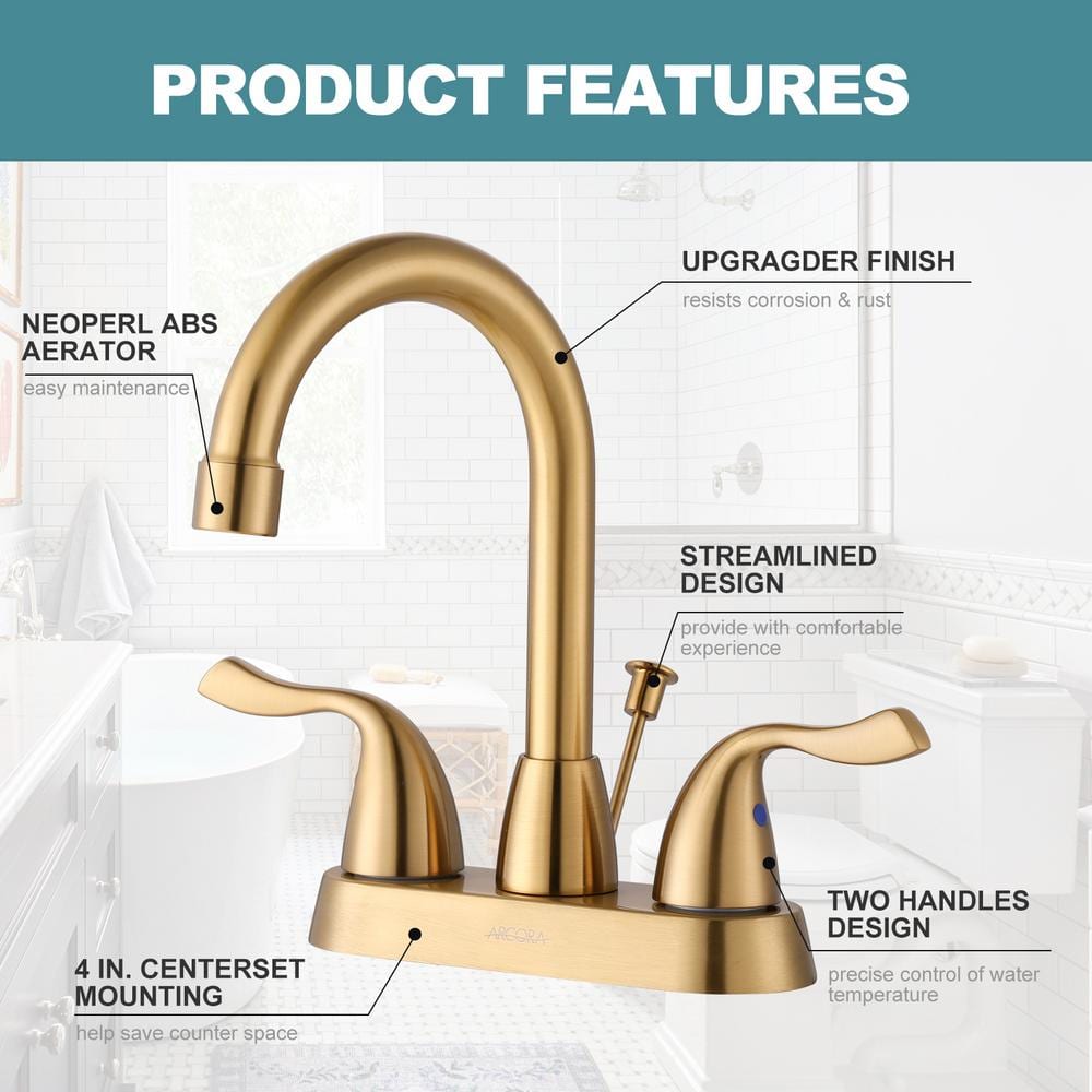Brushed Gold Double Handle High Arc Bathroom Faucet