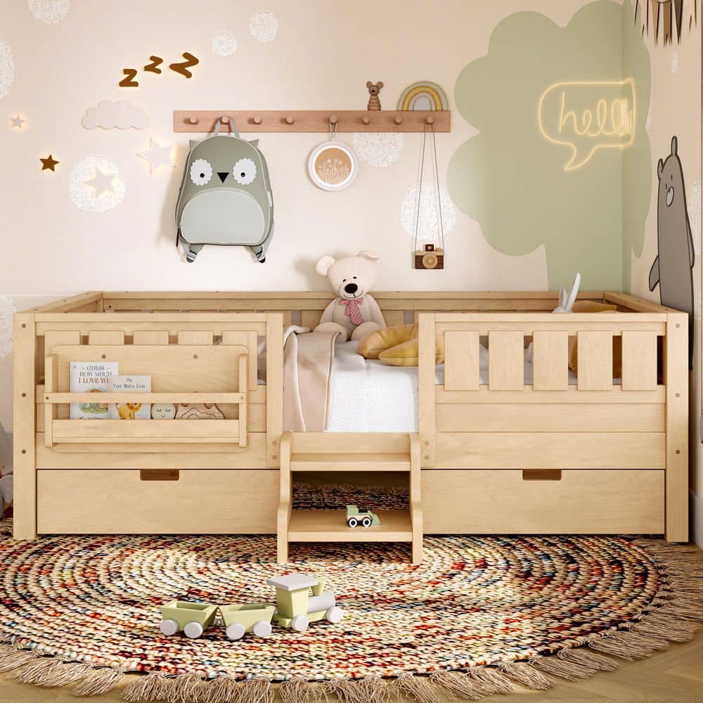Light Natural Twin Platform Bed with Safety Staircase and Rails, Built-in Bookshelves and 2 Drawers