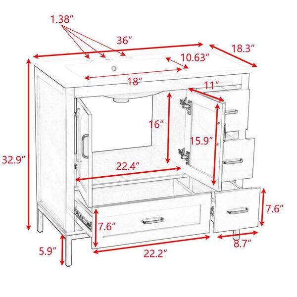 FUNKOL 36 in. x 18.3 in. x 32.9 in. White MDF Rectangle Bathroom Vanity Cabinet Ready to Assembly, Solid Wood Plus