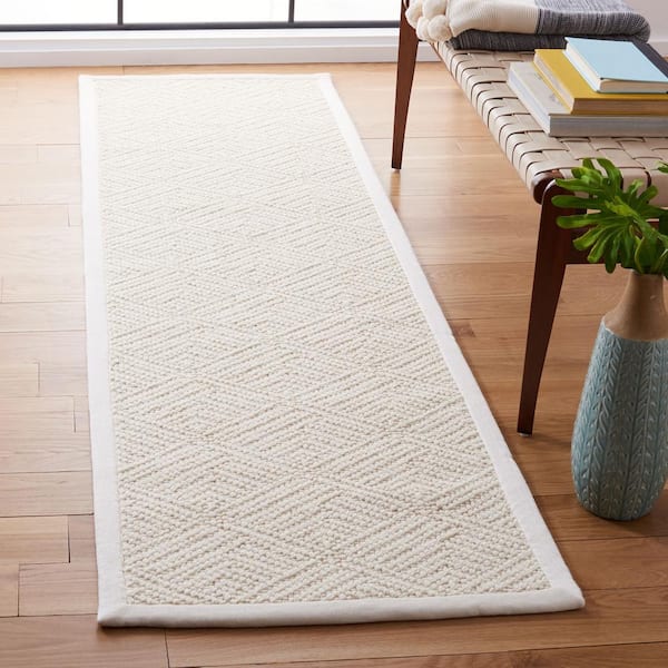 Natural Fiber 2 ft. x 12 ft. Ivory Diamond Border Runner Rug
