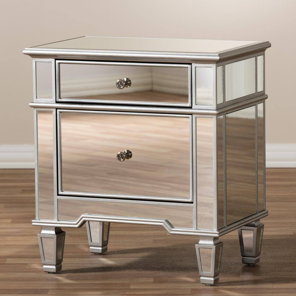 Sussie Hollywood Glam Mirrored 2-Drawer Nightstand with Bronze Hardware