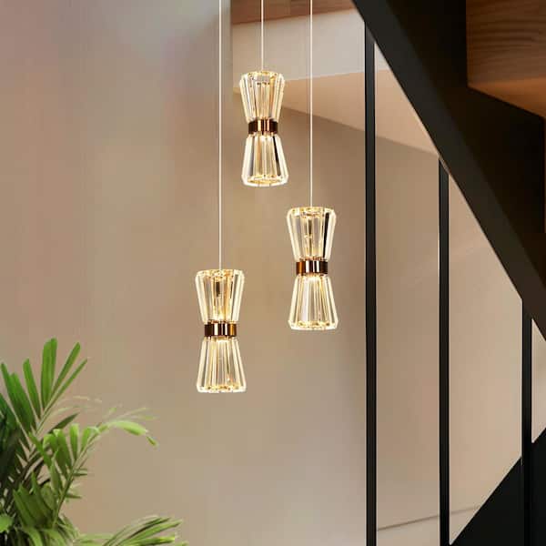 Katsumata 3-Light Integrated LED Brass Cluster Crystal Chandelier Entryway Foyer Staircase Kitchen Island Pendant Light