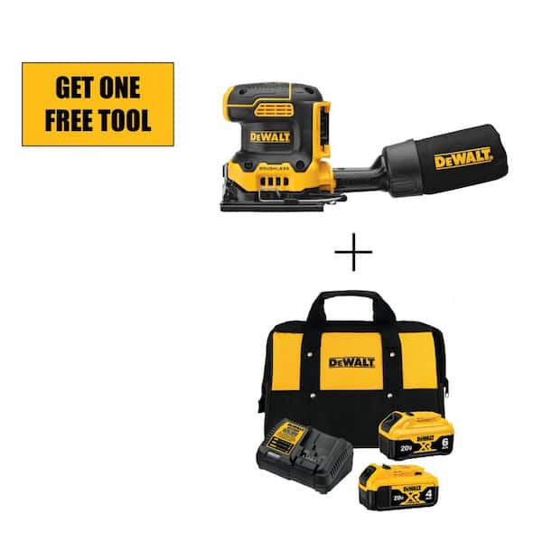 DEWALT 20V MAX XR Cordless Brushless 1/4 Sheet Variable Speed Sander with 20V 6.0Ah and 4.0Ah Batteries, Charger & Kit Bag