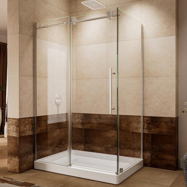 44-48 in. W x 32 in. D x 72 in. H Modern Frameless Corner Sliding Shower Door Enclosure in Brushed Nickel Clear Glass