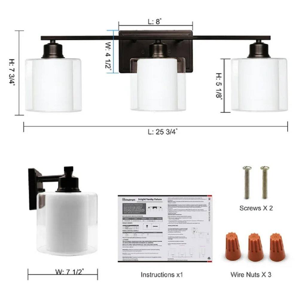 24.75" Oil-Rubbed Bronze Vanity Light with White Glass Shades
