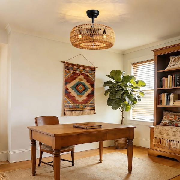 20 in. Indoor Small Boho Caged Ceiling Fan with Light and Remote Hand Woven Rattan Caged Fandelier for Bedroom