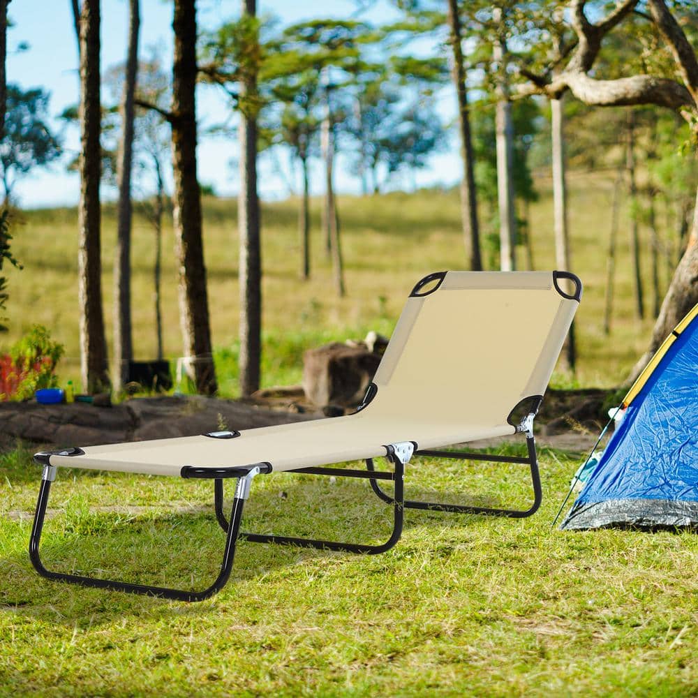 Beige Foldable Outdoor Chaise Lounge Chair with Steel Frame