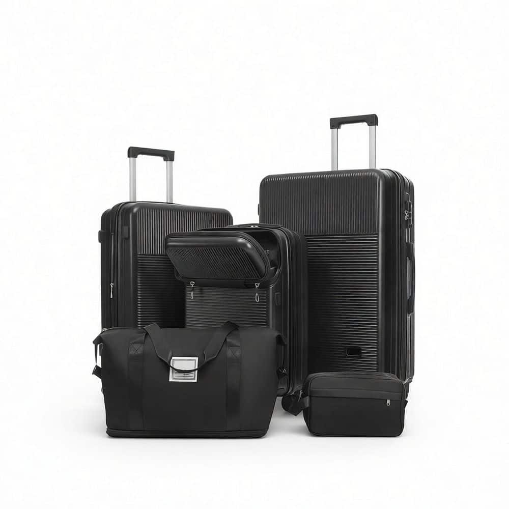 LIVACA 5-Piece Black ABS Plastic Hardside Lightweight Luggage Set