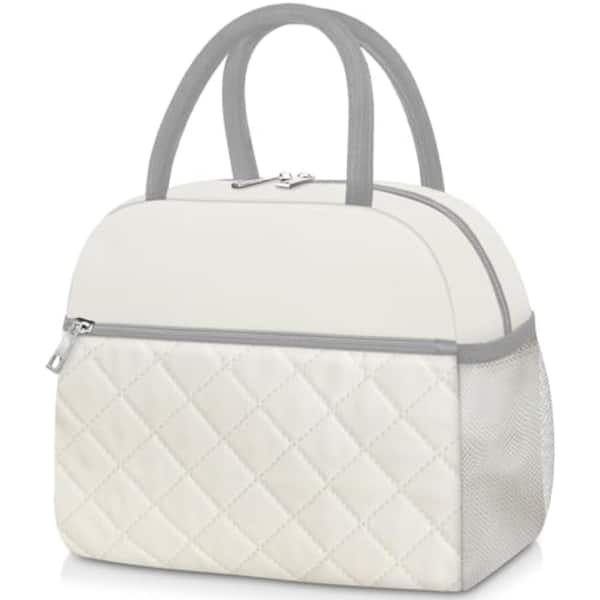 10.6 in Insulated Lunch Bag Leakproof Quilted Cooler Tote Beige