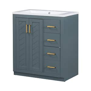 30 in. W x 18 in. D x 34 in. H Single Sink Freestanding Solid Wood Frame Bath Vanity in Blue with White Resin Top