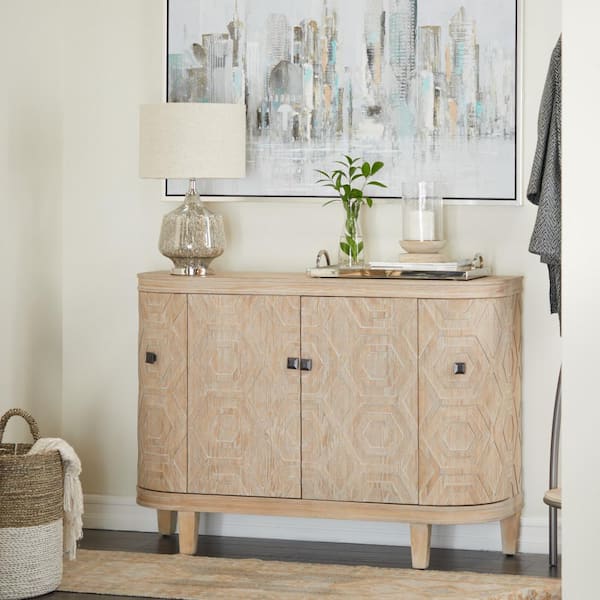Litton Lane 47 in. W Brown Wood Intricately Carved 3 Shelves and 4 Doors Geometric Cabinet